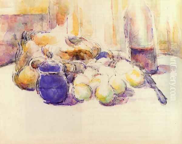 Blue Pot And Bottle Of Wine Aka Still Life With Pears And Apples Covered Blue Jar And A Bottle Of Wine Oil Painting by Paul Cezanne