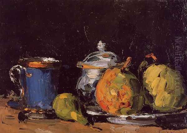 Sugar Bowl Pears And Blue Cup Oil Painting by Paul Cezanne