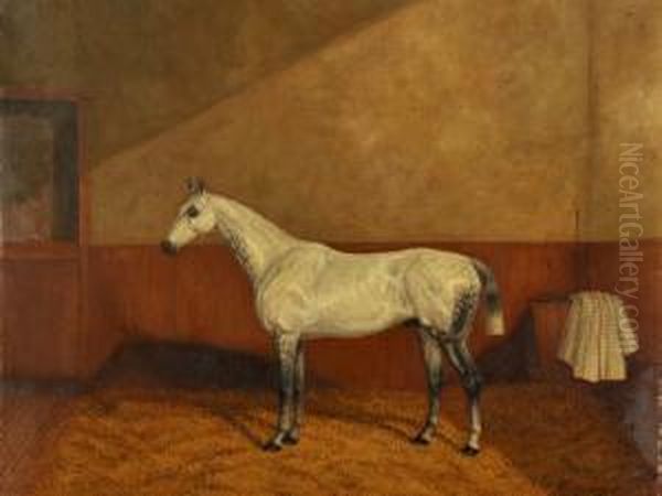 A Grey Hunter In A Stable Oil Painting by A. Clark