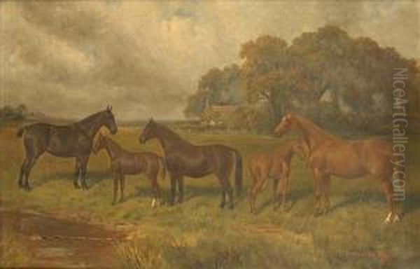 Hunters With Foals In A Summer Landscape Oil Painting by A. Clark