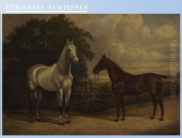 Kitty Grey And Kitty. Zwei Pferde Am Paddock Oil Painting by A. Clark