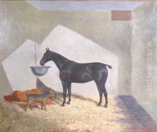 A Portrait Of A Black Horse And Border Terrier In A Stable Oil Painting by A. Clark