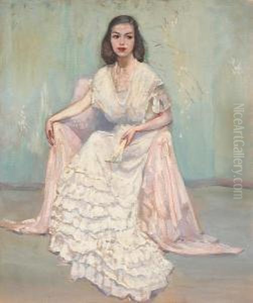 Ann Seated Holding A Fan Oil Painting by Alson Skinner Clark