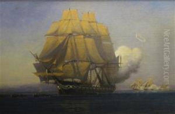 American Frigate - Naval Battle Oil Painting by C. Myron Clark