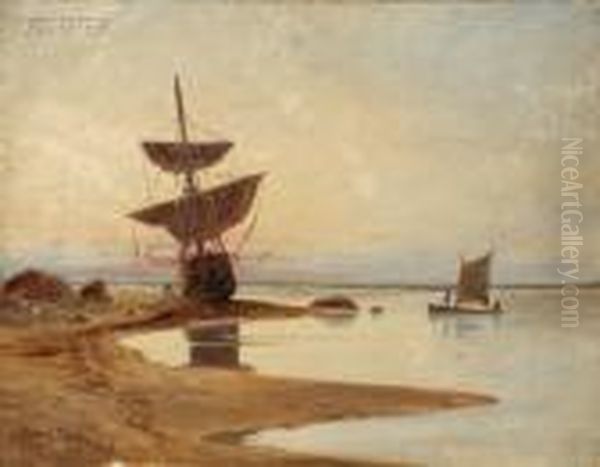 Sailing Vessel At Shore Oil Painting by C. Myron Clark