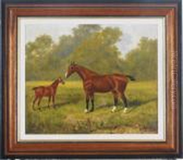 A Chestnut Mare With Her Foal Oil Painting by James Senior Clark