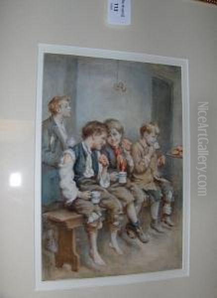 Three Young Boys On A Bench Oil Painting by Joseph Clark