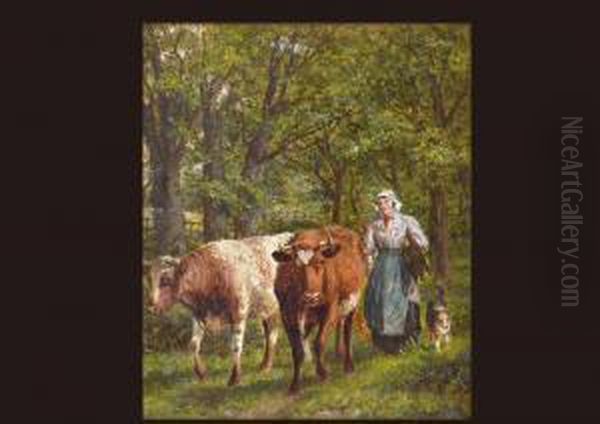 Peasants And Cow Oil Painting by Joseph Dixon Clark