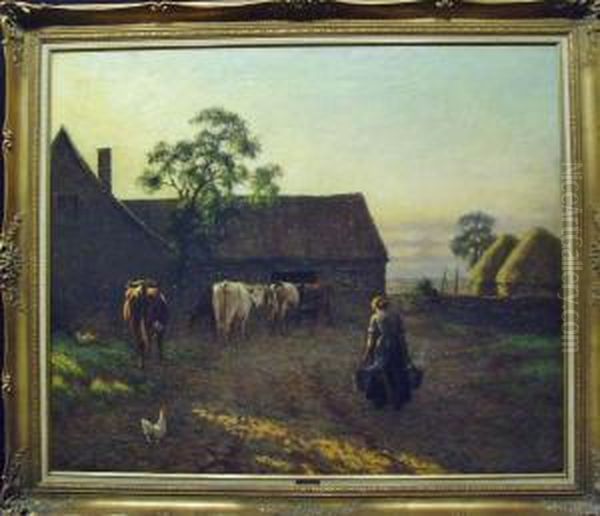 Melkzeit Am Bauernhof Oil Painting by Joseph Dixon Clark