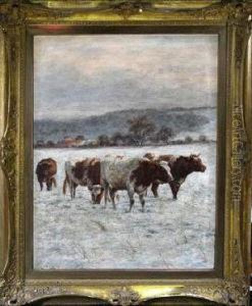 Cattle In The Snow Oil Painting by Joseph Dixon Clark