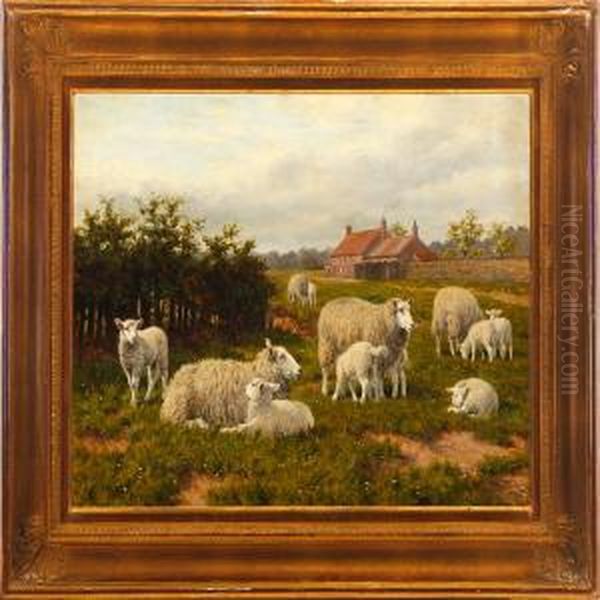 A Summer Landcape Scenerywith A Farm And Sheeps On A Meadow Oil Painting by Joseph Dixon Clark