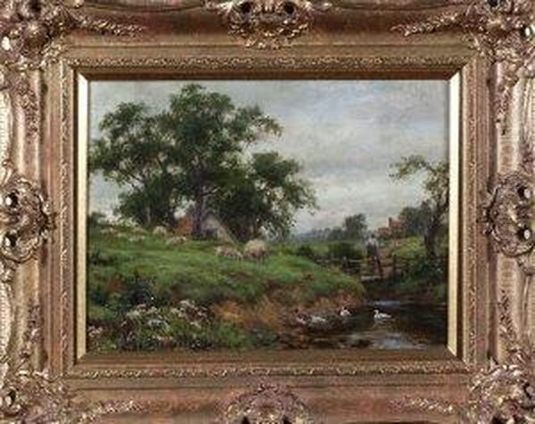 A Country Scene With Sheep And 
Ducks At A Riverbank And A Female Figure Crossing A Rustic Bridge In The
 Middle Distance Oil Painting by Joseph Dixon Clark