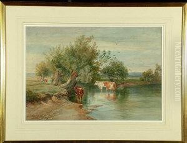 Cattle At A River Bank Oil Painting by Joseph Dixon Clark