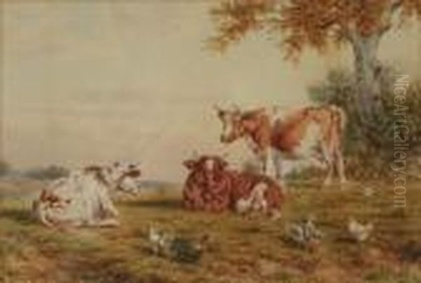 Clark, Senior Cattleresting In A Landscape With Hens Oil Painting by Joseph Dixon Clark