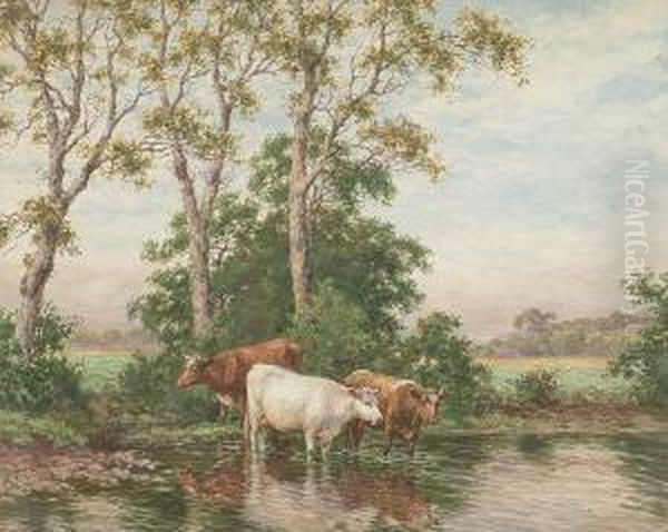 Cattle Watering Oil Painting by Joseph Dixon Clark