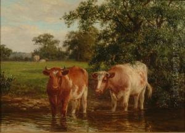 'cattle Watering' And 'sheep With Lambs' Oil Painting by Joseph Dixon Clark