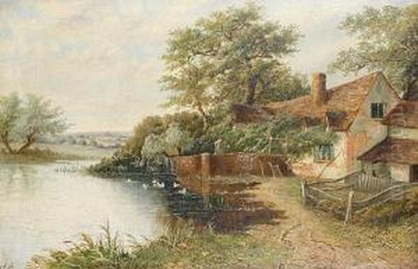 A Riverside Cottage Oil Painting by Octavius Thomas Clark