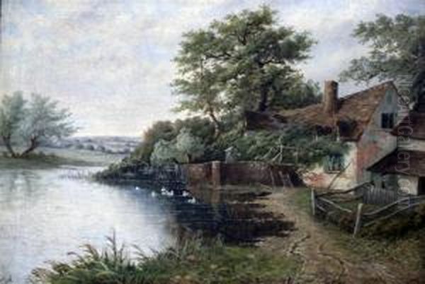 Riverside Cottage Oil Painting by Octavius Thomas Clark