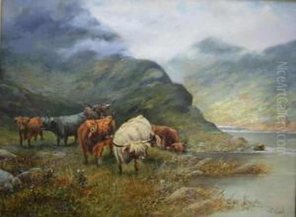 Highland Cattle By A Loch Oil Painting by Octavius Thomas Clark