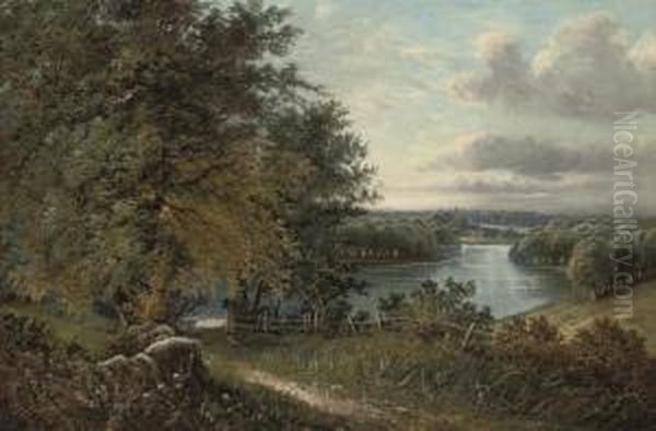 A Wooded River Landscape, A Town Beyond Oil Painting by Octavius Thomas Clark