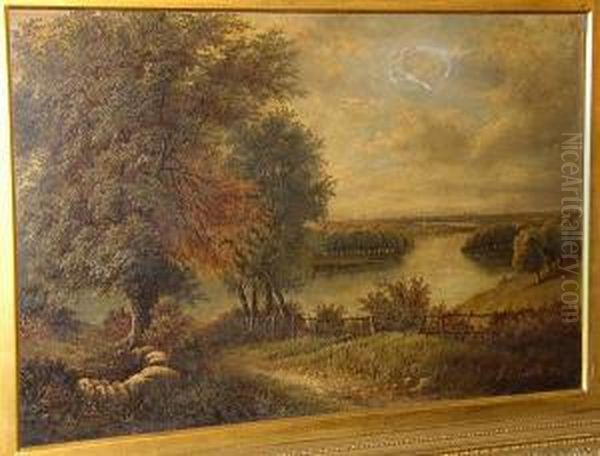 A Country Path Down To The River
 With City Beyond, Signed And Dated 'o.t. Clark 84', Oil On Canvas Oil Painting by Octavius Thomas Clark