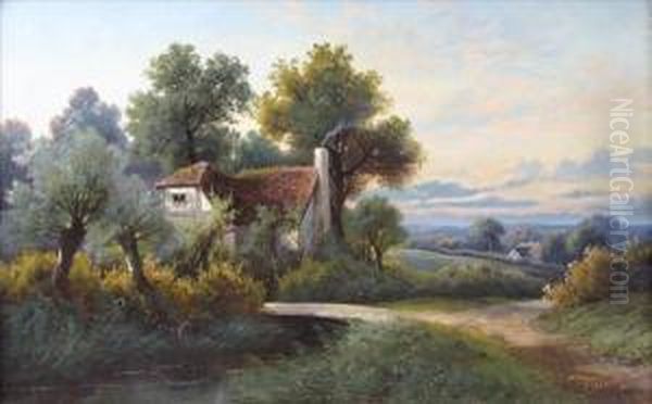 Figure On Ariverside Path Before
 A Whitewashed Cottage; Half-timber Cottagewith Stream And Plank Bridge 
To Foreground Oil Painting by Octavius Thomas Clark