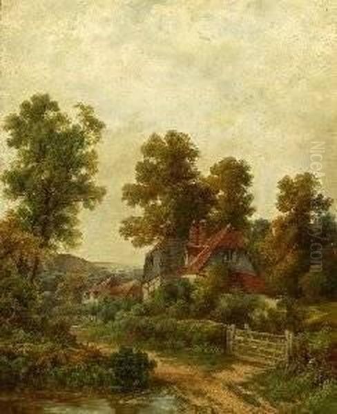 Octavius T. Clarke . Houses Along Country Lane Oil Painting by Octavius Thomas Clark