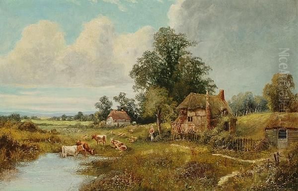 Cattle Watering In An Extensive Landscape Oil Painting by Octavius Thomas Clark