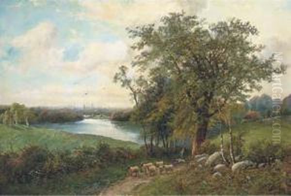 A Shepherd With His Flock On A Riverside Track Oil Painting by Octavius Thomas Clark