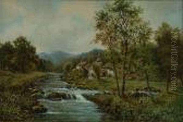 Cottages Beside An Upland River Oil Painting by Octavius Thomas Clark