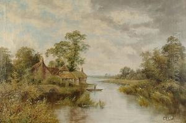 Country River Landscape With Timbered Cottages And Figure Punting Oil Painting by Octavius Thomas Clark