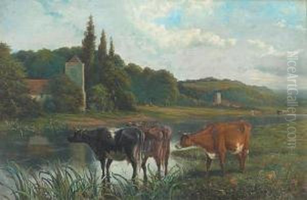 Cattle Watering, Church Beyond And Another In The Distance Oil Painting by Joseph Clark