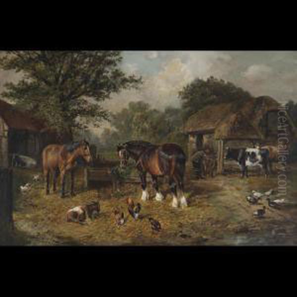 Farmyard With Horses, Cattle And Poultry Oil Painting by Joseph Clark