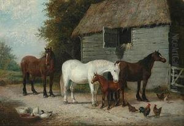 Farmyard With Horses And Ducks Oil Painting by Joseph Clark