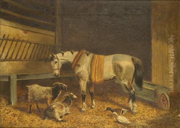 Hunterand Hounds Before A Stable; Stable Interior With Horse, Goats Andducks A Pair Oil Painting by Joseph Clark