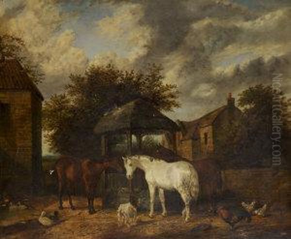 Horses In A Farmyard Oil Painting by Joseph Clark