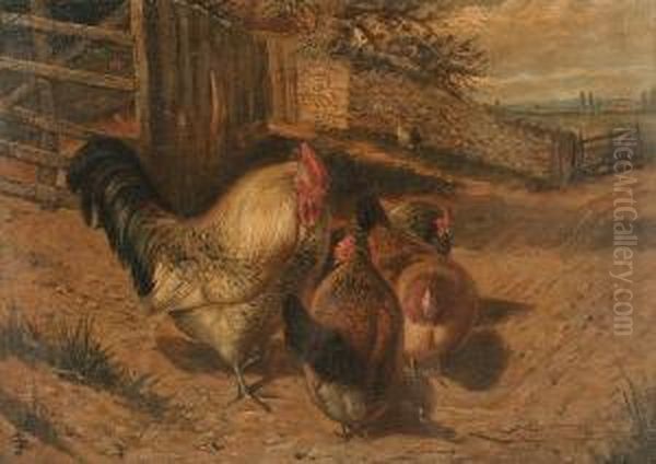 Chickens By A Country Lane, A Pair Oil Painting by Joseph Clark