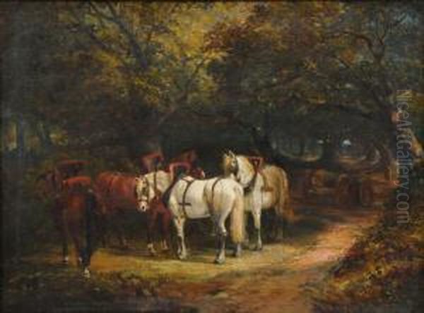 Team Of Horses And A Timberwagon In Woodland, Figure On A Path Beyond Oil Painting by Joseph Clark