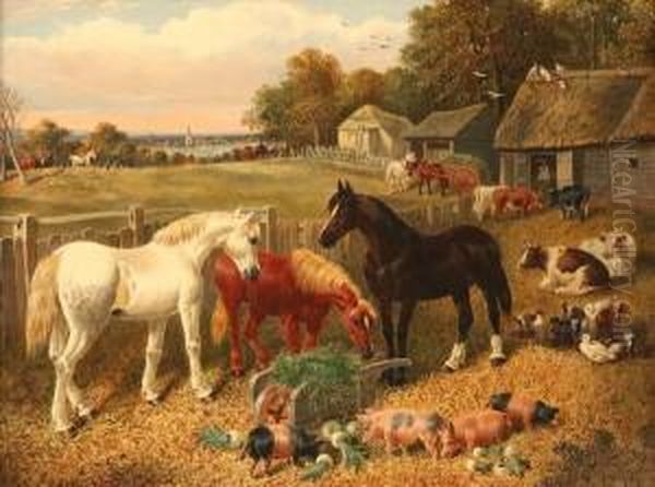 Farmyard With Horses And Livestock Oil Painting by Joseph Clark