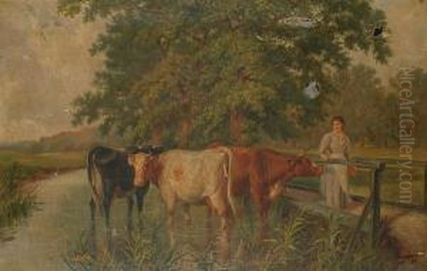 River Landscape, With Lady And Cattle In The Foreground Oil Painting by Joseph Clark