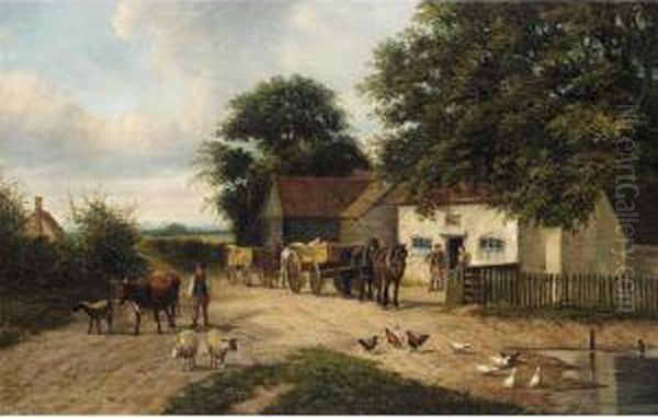 Livestock By The Village Pond Oil Painting by Joseph Clark