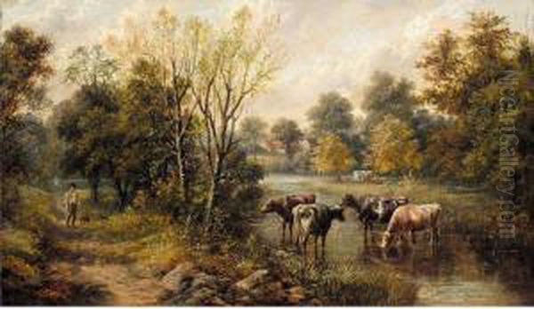 Landscape With Cattle Watering Oil Painting by Joseph Clark