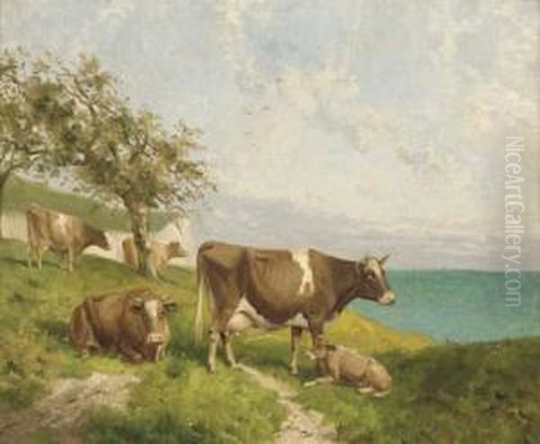 Cattle On The Cliffs; And Horses And Cattle On The Cliffs Oil Painting by Joseph Clark