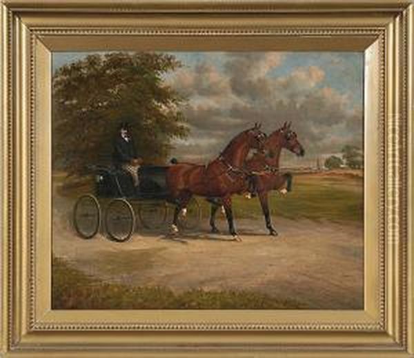 Pair
Of Bay Hackney Horses Pulling A Gig Oil Painting by William Albert Clark