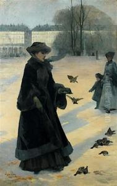 Promenade Aux Tuileries En Hiver Oil Painting by Jean Eugene Clary