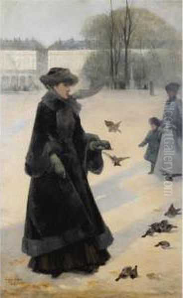 Winter Morning In The Tuileries Gardens, Paris Oil Painting by Jean Eugene Clary