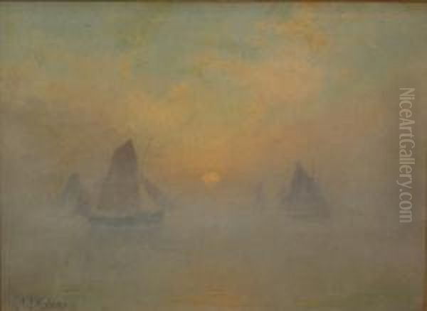 Bateaux Dans La Brume Au Soleil Couchant Oil Painting by Jean Eugene Clary