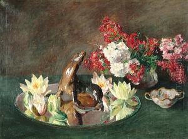 A Still Life Of Flowers And A Seal Oil Painting by Eugene Claude