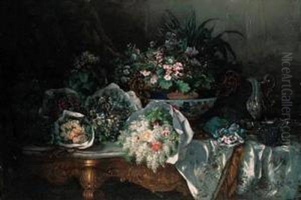 Bouquets Of Flowers, An Imari 
Bowl, A Silver Ewer With Stand Andsugared Almonds On A Draped Marble 
Table Oil Painting by Eugene Claude