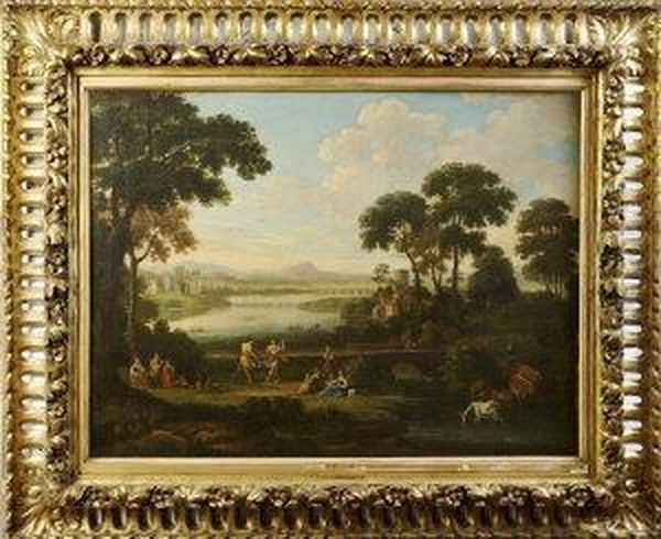 Figures Dancing In An Arcadian Landscape, With Distant Castle And River Oil Painting by Lorraine Claude